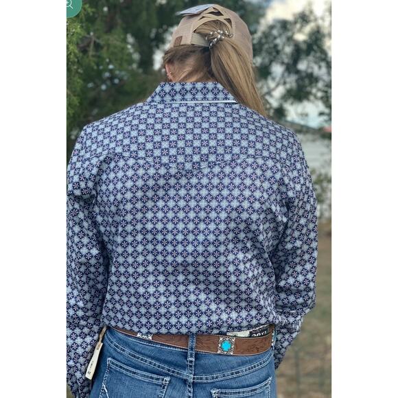 Cinch Women's Long Sleeve Blue Pink pearl snap Button Up Shirt - Size X - Picture 2 of 9